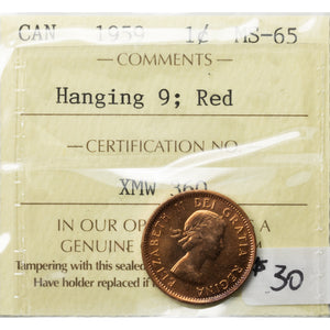 SOLD Canada 1959 Hanging 9 1 Small Cent Coin - ICCS MS-65 Red
