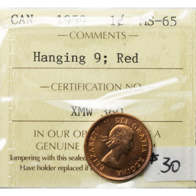 SOLD Canada 1959 Hanging 9 1 Small Cent Coin - ICCS MS-65 Red