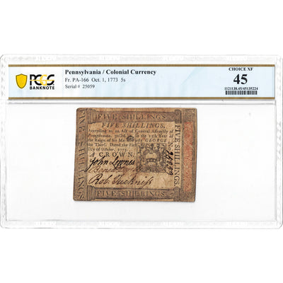 United States 1773 5 Shillings Pennsylvania Colonial Currency Note Fr. PA-166 - PCGS EF-45