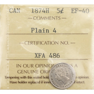 Canada 1874-H Plain 4 5 Cents Silver Coin - ICCS EF-40