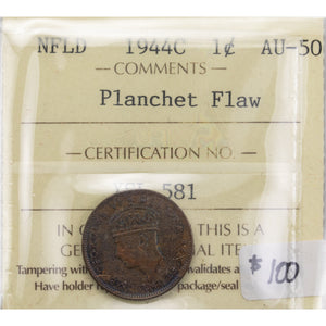 Newfoundland 1944-c 1 Small Cent Coin - ICCS AU-50 Planchet Flaw