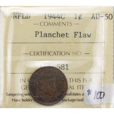 Newfoundland 1944-c 1 Small Cent Coin - ICCS AU-50 Planchet Flaw