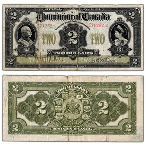 SOLD $2 1914 Dominion of Canada Note Boville Series J DC-22a-i - Fine (many tears)