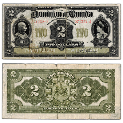 SOLD $2 1914 Dominion of Canada Note Boville Series J DC-22a-i - Fine (many tears)