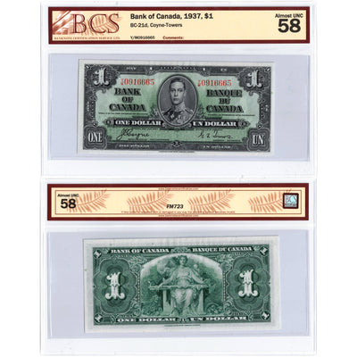 $1 1937 Bank of Canada Note Coyne-Towers Y/M Prefix BC-21d - BCS AU-58
