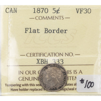 SOLD Canada 1870 Flat Border 5 Cents Silver Coin - ICCS VF-30