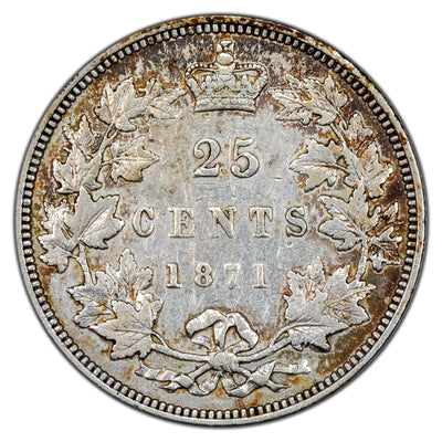 Canada 1871 Obverse # 1 25 Cents Quarter Silver Coin - Fine
