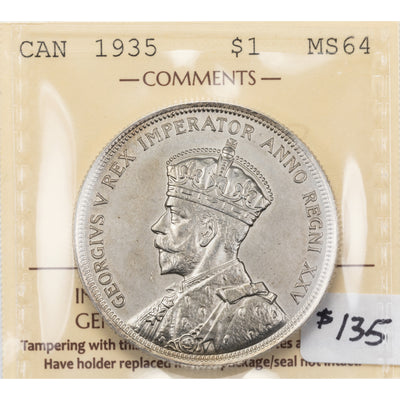SOLD Canada 1935 $1 Silver Dollar Coin - ICCS MS-64