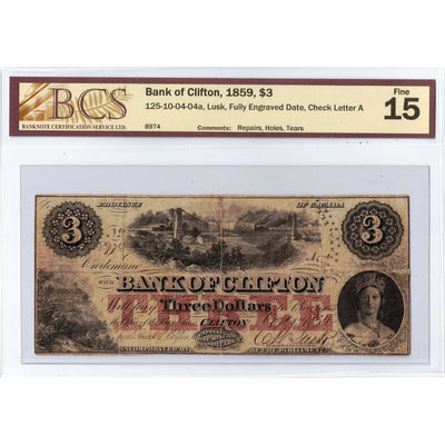SOLD $3 1859 Bank of Clifton Canada Chartered Note #125-10-04-04a - BCS F-15