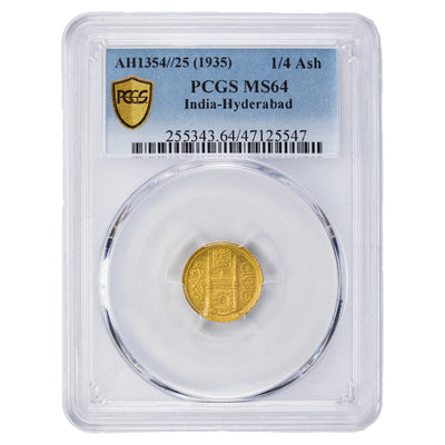 SOLD India Hyderabad AH1354 25 (1935) 1/4 Ashrafi Gold Coin PCGS MS-64 Y# 55