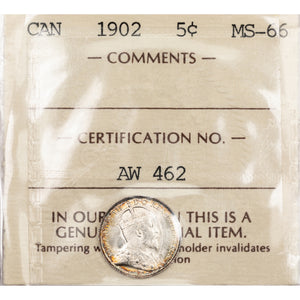 SOLD Canada 1902 5 Cents Silver Coin - ICCS MS-66