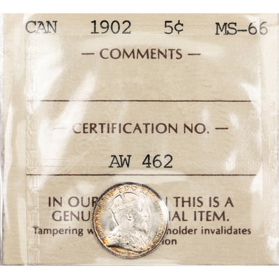 SOLD Canada 1902 5 Cents Silver Coin - ICCS MS-66
