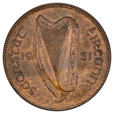 Ireland 1931 1d Penny Coin - Almost Uncirculated + (minor residue on reverse)