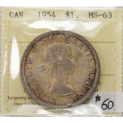 SOLD Canada 1954 $1 Silver Dollar Coin - ICCS MS-63