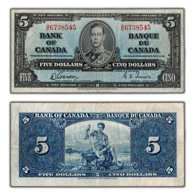 $5 1937 Bank of Canada Note Gordon-Towers S/C Prefix BC-23b - VF
