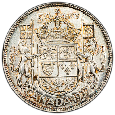 Canada 1937 50 Cents Half Dollar Silver Coin - UNC+