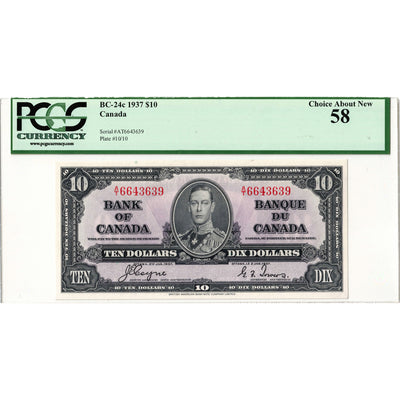 $10 1937 Bank of Canada Note Coyne-Towers A/T Prefix BC-24c - PCGS AU-58