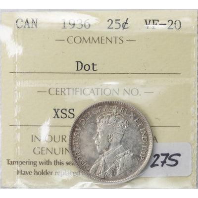 SOLD Canada 1936 Dot 25 Cents Quarter Silver Coin - ICCS VF-20