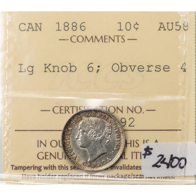SOLD Canada 1886 Lg Knob 6 Obv 4 10 Cents Dime Silver Coin - ICCS AU-58