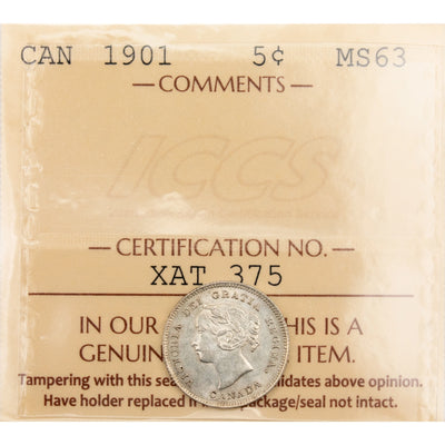 Canada 1901 5 Cents Silver Coin - ICCS MS-63
