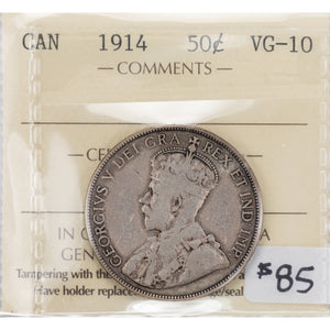 SOLD Canada 1914 50 Cents Half Dollar Silver Coin - ICCS VG-10