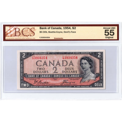 SOLD $2 1954 Bank of Canada Note Devil Face F/B Prefix BC-30b - BCS AU-55