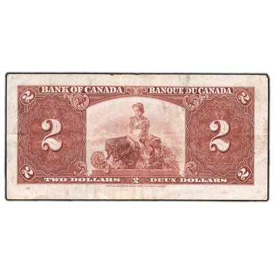 SOLD $2 1937 Bank of Canada Note Gordon-Towers T/B Prefix BC-22b - Border Stain