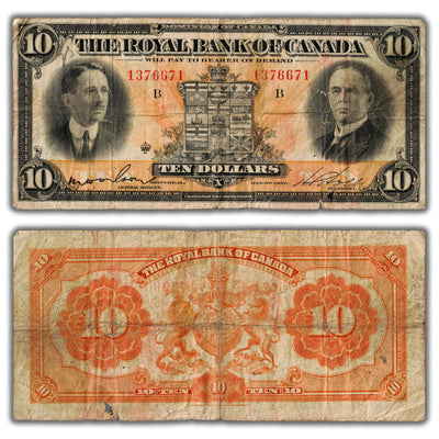 SOLD $10 1927 Royal Bank of Canada Chartered Note CH #630-14-08 - Writing/Tears/Pinholes