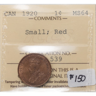 SOLD Canada 1920 1 Small Cent Coin - ICCS MS-64 Red