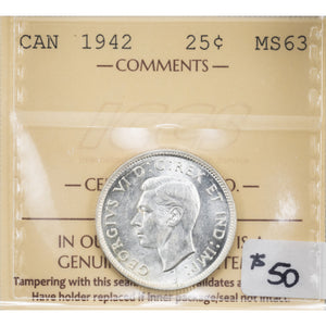 SOLD Canada 1942 25 Cents Quarter Silver Coin - ICCS MS-63