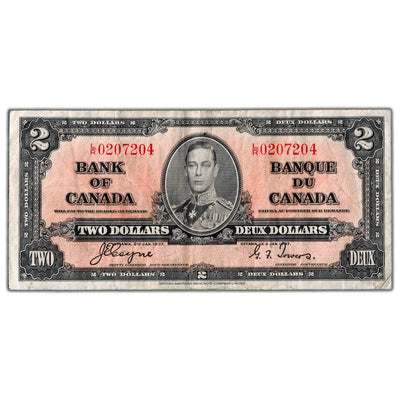$2 1937 Bank of Canada Note Coyne-Towers L/R Prefix BC-22c - F/VF