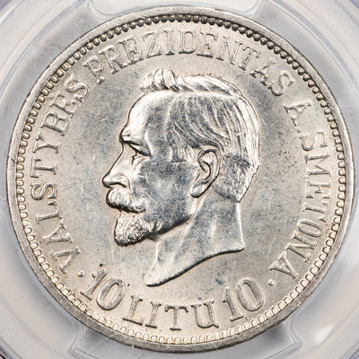 Lithuania 1938 10 Litu Silver Coin KM #84 - PCGS UNC Detail Cleaned