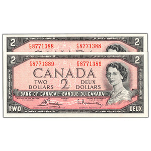 SOLD $2 1954 Bank of Canada Notes F/G Prefix BC-38c - 2 Consecutive Choice UNC