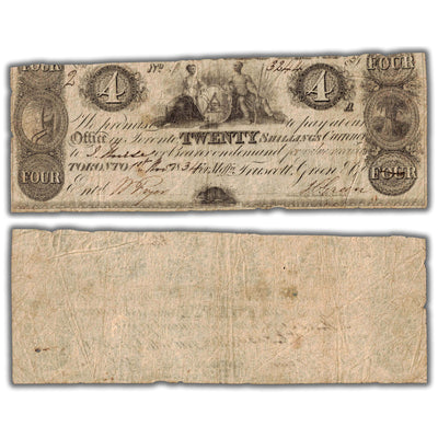 SOLD $4 1834 Agricultural Bank Chartered Note CH #20-10-14 - Trimmed