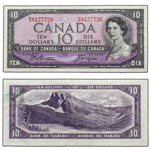 SOLD $10 1954 Bank of Canada Note Beattie-Coyne M/D Prefix BC-40a - EF (back stain)