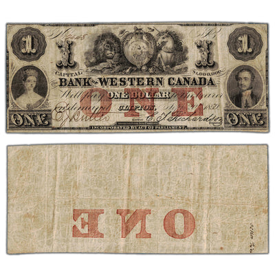 $1 1859 Bank of Western Canada Chartered Note #795-10-04 - Small Pinholes
