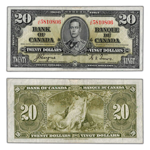 SOLD $20 1937 Bank of Canada Note Coyne-Towers J/E Prefix BC-25c - VF