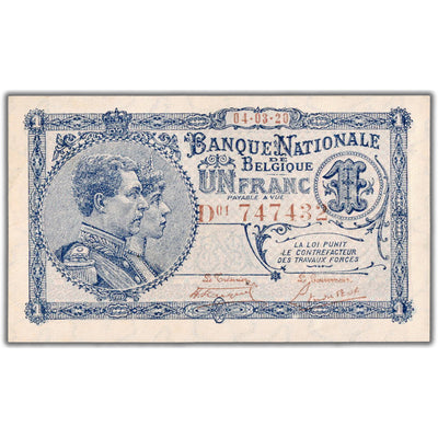 SOLD Belgium 1920 1 One Franc Note P #92 - AU