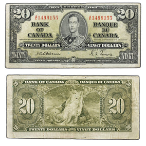 SOLD $20 1937 Bank of Canada Note Osborne Signature A/E Prefix BC-25a - F/VF