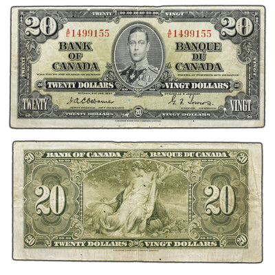 SOLD $20 1937 Bank of Canada Note Osborne Signature A/E Prefix BC-25a - F/VF