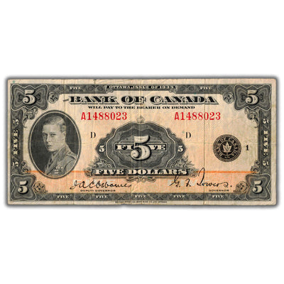 SOLD $5 1935 Bank of Canada Note English Text BC-5 - Fine