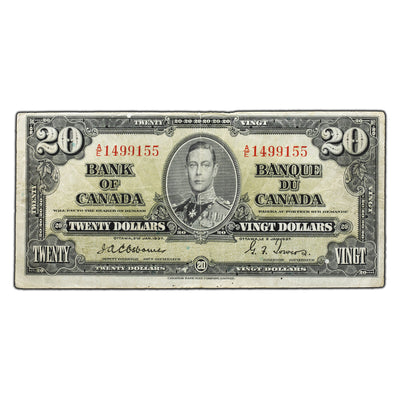 SOLD $20 1937 Bank of Canada Note Osborne Signature A/E Prefix BC-25a - F/VF