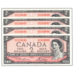 SOLD $2 1954 Bank of Canada Notes S/G Prefix BC-38d - 4 Consecutive Uncirculated