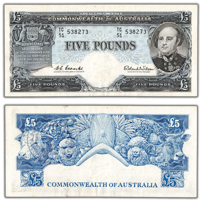 SOLD Australia ND (1960-65) 5 Five Pounds Note P #35a - Abt. EF (minor pinholes)