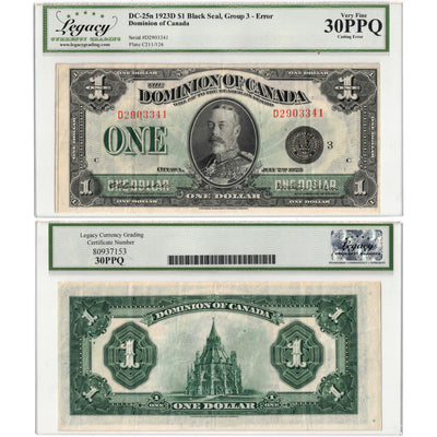 SOLD $1 1923 Dominion of Canada Note Black Seal Series D DC-25n - Legacy VF-30 Cutting Error