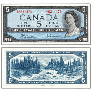 SOLD $5 1954 Bank of Canada Note Beattie-Rasminsky G/X Prefix BC-39b - UNC (corner tip dmg)