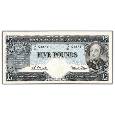 SOLD Australia ND (1960-65) 5 Five Pounds Note P #35a - Abt. EF (minor pinholes)