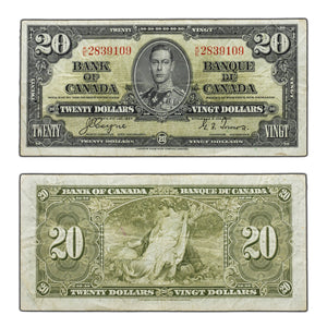 SOLD $20 1937 Bank of Canada Note Coyne-Towers K/E Prefix BC-25c - F/VF