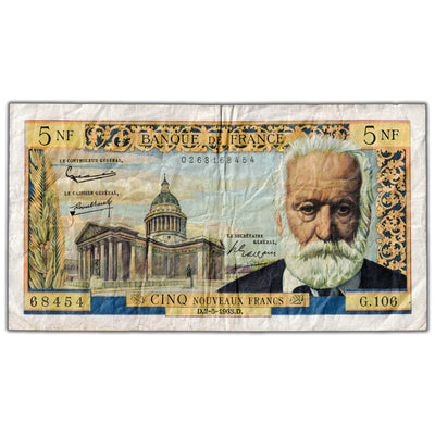 France 1963 5 New Francs Note P #141a - Pinholes