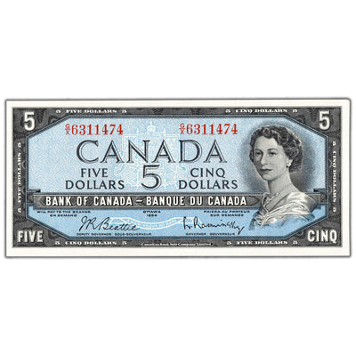 $5 1954 Bank of Canada Note Beattie-Rasminsky G/X Prefix BC-39b - UNC (corner tip dmg)